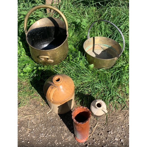 647 - Miscellany to include brass jam pan, brass coal scuttle, salt glazed jug and 2 studio pottery vases ... 