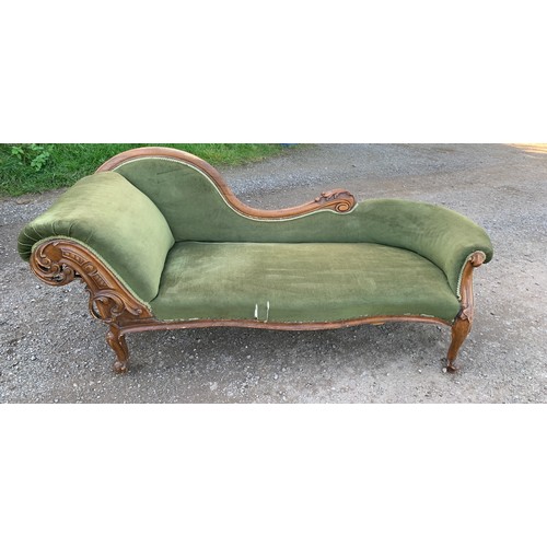 792 - A 19thC chaise longue on cabriole legs and scroll arm. 195 l x 65 d x 80cms h.