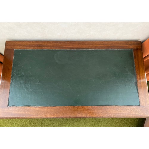 789 - Edwardian mahogany desk/card table. 83 w x 45 d x 776cms h. Baize lining on square tapered legs.