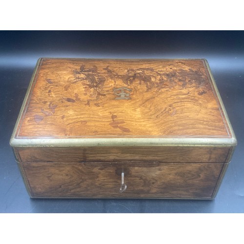 643 - Rosewood and brass fine quality bound writing box marked Asprey with crest to top inscribed Lead On.... 