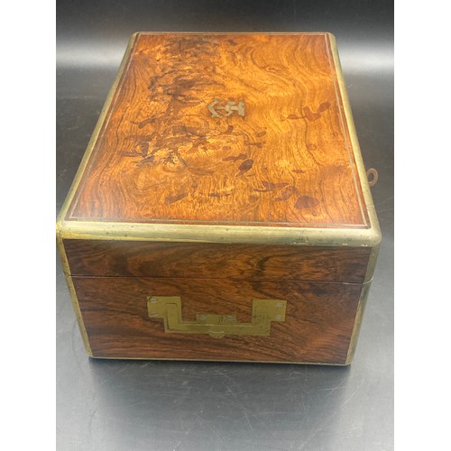 643 - Rosewood and brass fine quality bound writing box marked Asprey with crest to top inscribed Lead On.... 