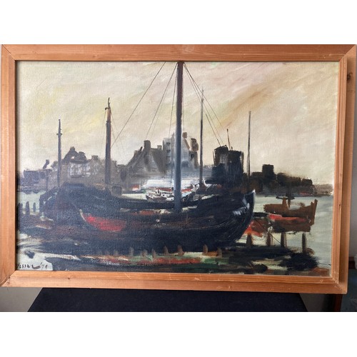 712 - Paul Visser 'Langs De Rivier' Oil on canvas of a boat in dock. 59 x 89cms.