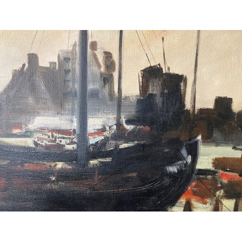 712 - Paul Visser 'Langs De Rivier' Oil on canvas of a boat in dock. 59 x 89cms.