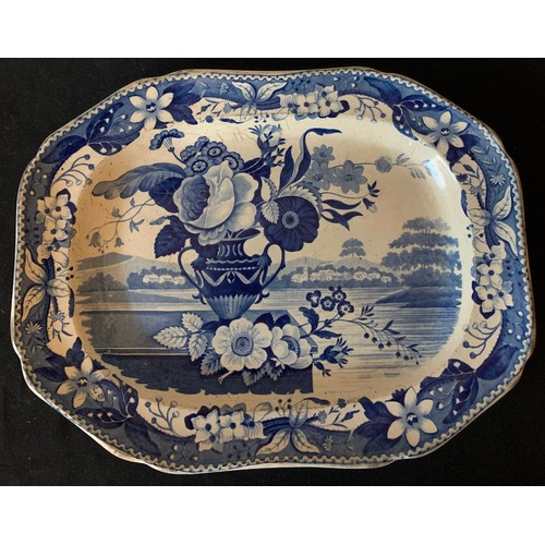 81 - A 19thC blue and white transfer painted meat plate. 28 x 38cms.