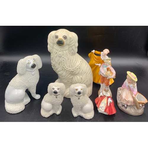 78 - Four 19thC Staffordshire dogs, 2 19thC bisque figures and Royal Doulton Pretty Ladies figures 'Kirst... 