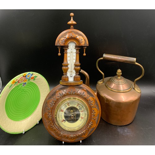 644 - Miscellany to include wall mounted barometer 43cms l, copper kettle with acorn knob and a Crown Devo... 