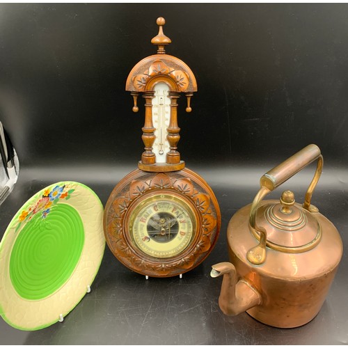 644 - Miscellany to include wall mounted barometer 43cms l, copper kettle with acorn knob and a Crown Devo... 