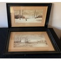 A pair of framed watercolour landscapes. Signed F. Hepworth. 17 x 35cms.