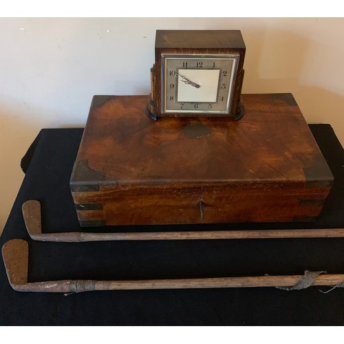 641 - A clock, 2 vintage golf irons and a walnut brass bound writing box. Box size approx 13cms h x 225cms... 