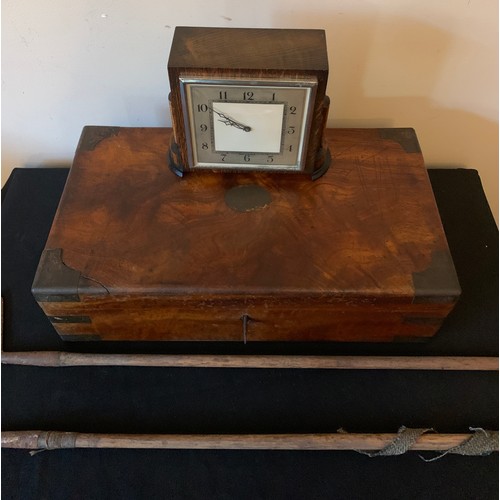 641 - A clock, 2 vintage golf irons and a walnut brass bound writing box. Box size approx 13cms h x 225cms... 