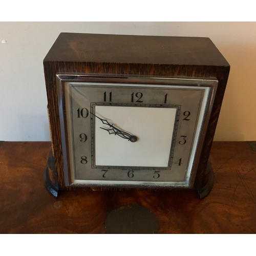 641 - A clock, 2 vintage golf irons and a walnut brass bound writing box. Box size approx 13cms h x 225cms... 