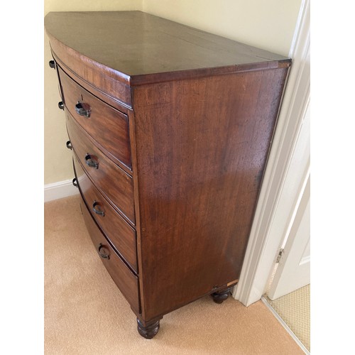 764a - A 19thC mahogany bowfront chest of 2 short over 3 long drawers on turned legs. 114cms w x 54cms d x ... 