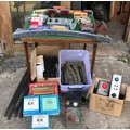 Lot containing 2 types of model train track, miscellaneous model train station accessories and multi... 
