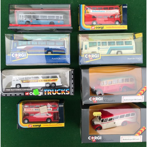 82 - Collection of boxed diecast Corgi Busses including Bedford type OB Coach, 2x 469 London Routemaster ... 