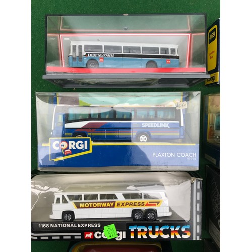 82 - Collection of boxed diecast Corgi Busses including Bedford type OB Coach, 2x 469 London Routemaster ... 