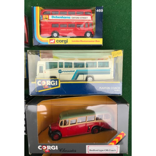 82 - Collection of boxed diecast Corgi Busses including Bedford type OB Coach, 2x 469 London Routemaster ... 