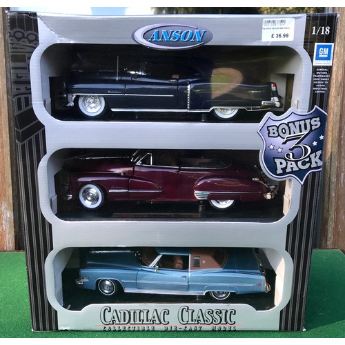 85 - A boxed set of x3 Anson 1/18 scale precision Cadillac classic collectable diecast model cars to incl... 