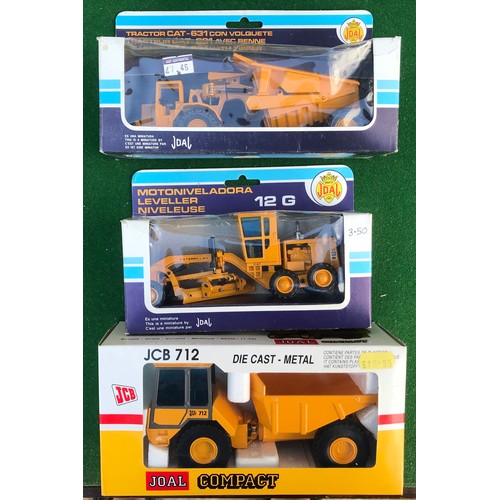 95 - A collection of boxed Joal diecast metal vehicles including JCB 712, 217 Leveller, 222 Tractor Cat, ... 