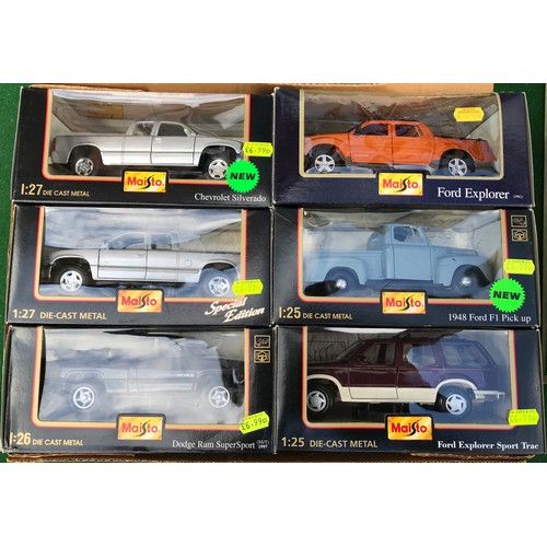 111 - Six Maisto diecast models of mostly pick up trucks to include Ford Explorer Sport Trac, 1948 Ford F1... 