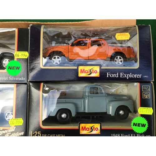 111 - Six Maisto diecast models of mostly pick up trucks to include Ford Explorer Sport Trac, 1948 Ford F1... 