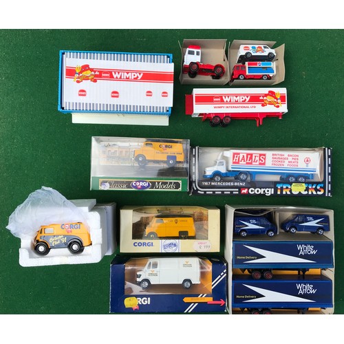 64 - Corgi diecast to include J3087 Wimpy Set, J3118 White Arrow Set, 1167 Mercedes Benz, C539 Mercedes 2... 