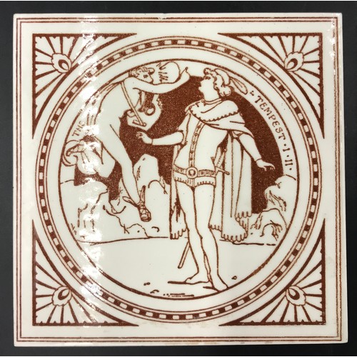 144 - Six brown and white Minton tiles by John Moyr Smith in a Shakespeare theme. Tile measure 15.2cms l x... 