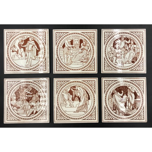 144 - Six brown and white Minton tiles by John Moyr Smith in a Shakespeare theme. Tile measure 15.2cms l x... 