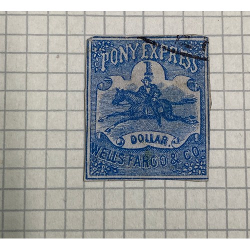 619 - A part filled album of USA stamps and labels to include City Winan's Post, Pony Express, Hussey's Ex... 