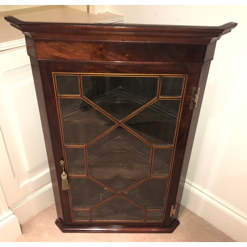 1202 - A 19th mahogany & inlaid single glazed door corner cabinet. 94 h x 64cms w.