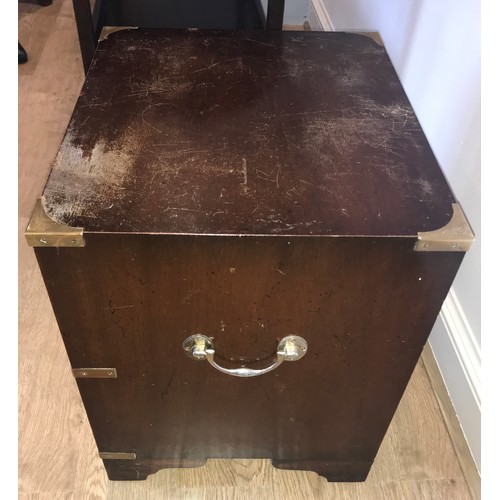 1205 - Small mahogany two drawer brass bound chest with handles to sides. 46 x 39.5 x 50cms h.