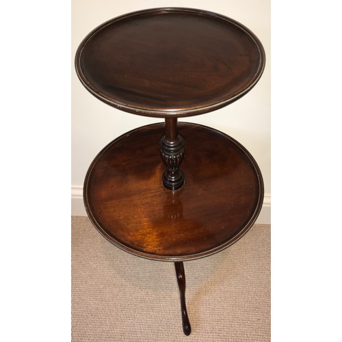 1208 - A mahogany 2 tier tripod table 38 d x 75cms h.