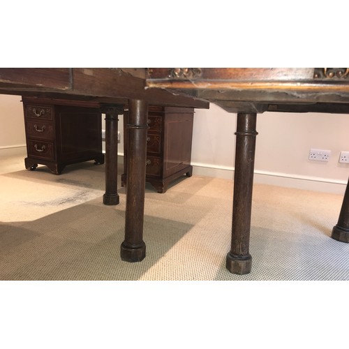 1211 - A 19thC oak table in two sections with carving to tops of legs. 159 x 137 x 71cms h.