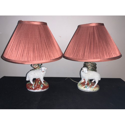 121 - Two 19thC Staffordshire sheep converted into table lamps. Sheep 13cms.