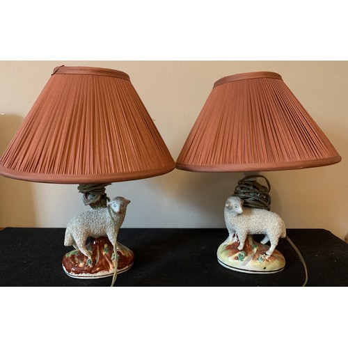 121 - Two 19thC Staffordshire sheep converted into table lamps. Sheep 13cms.