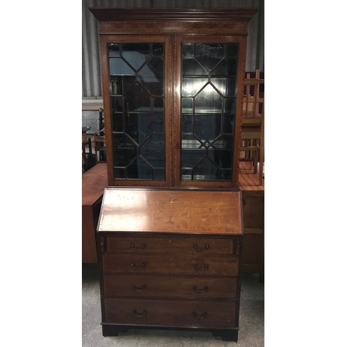 1194 - Edwardian mahogany inlaid bureau bookcase, 4 drawer, fitted interior. 208 h x 93 w x 46cms d.