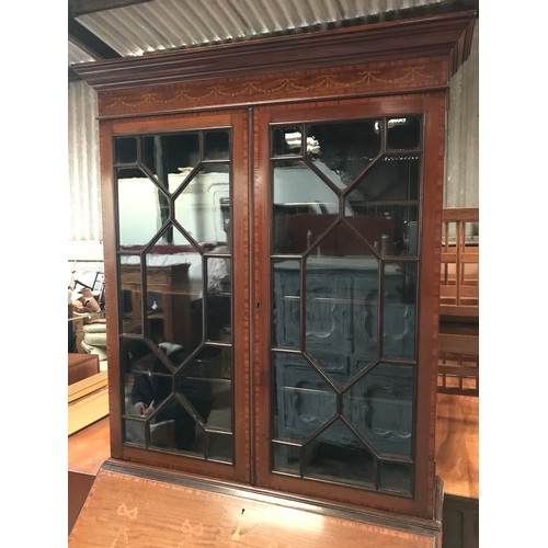 1194 - Edwardian mahogany inlaid bureau bookcase, 4 drawer, fitted interior. 208 h x 93 w x 46cms d.