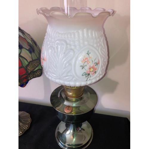 567 - A modern oil lamp and a table lamp with Tiffany style dragonfly shade. Oil lamp 60cms h.