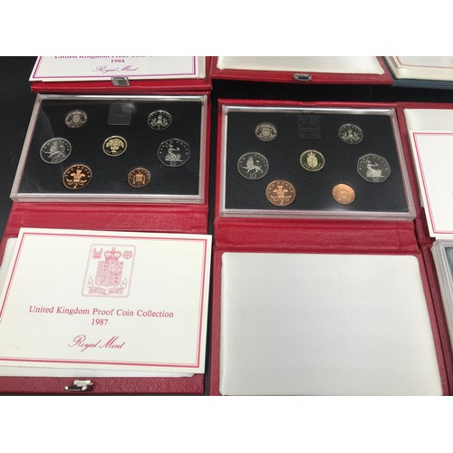 625 - A collection of Royal Mint UK cased proof coin sets, 1984,1985,1986 x 2, 1987 and 1988.