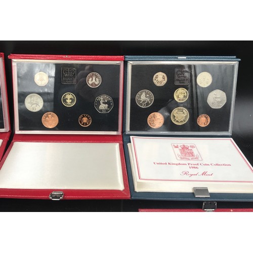 625 - A collection of Royal Mint UK cased proof coin sets, 1984,1985,1986 x 2, 1987 and 1988.