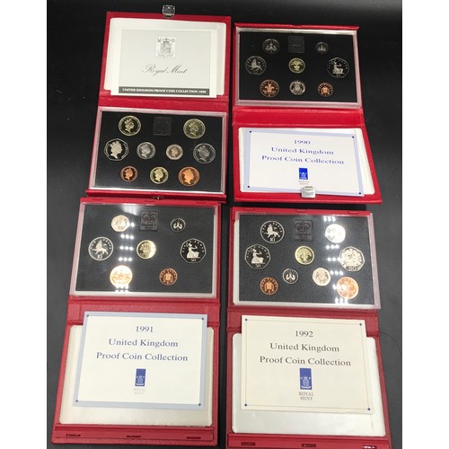 626 - Four cased Royal Mint UK Proof coin sets: 1989, 1990, 1991 and 1992. All with certificates.