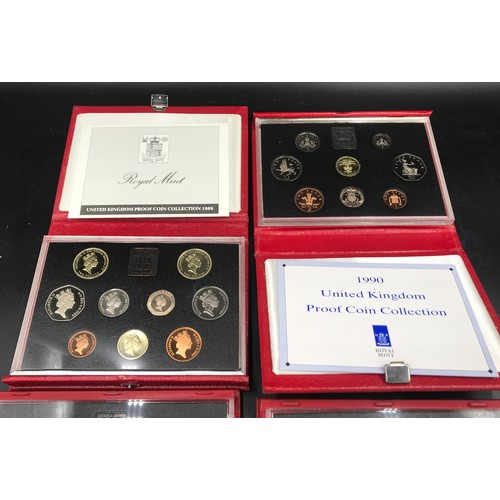 626 - Four cased Royal Mint UK Proof coin sets: 1989, 1990, 1991 and 1992. All with certificates.