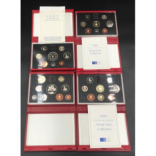 627 - Royal Mint UK Proof coin collection, four cased sets 1993, 1994, 1995 and 1996.