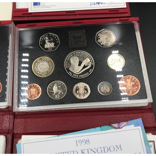 628 - Three Royal Mint UK Proof Coin sets to include 1997 with Prince Philip and Queen Elizabeth Wedding, ... 