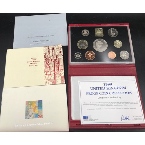 628 - Three Royal Mint UK Proof Coin sets to include 1997 with Prince Philip and Queen Elizabeth Wedding, ... 