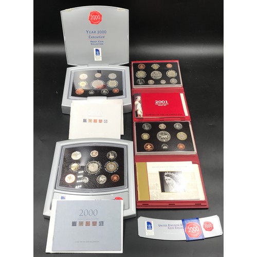 629 - Royal Mint UK Proof Coin Collection 2 x year 2000 Executive and Deluxe sets to include 2001 with Que... 