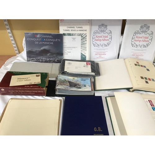 633 - A collection of stamps and First Day covers including Channel Tunnel Philatelic Document, Royal Mail... 