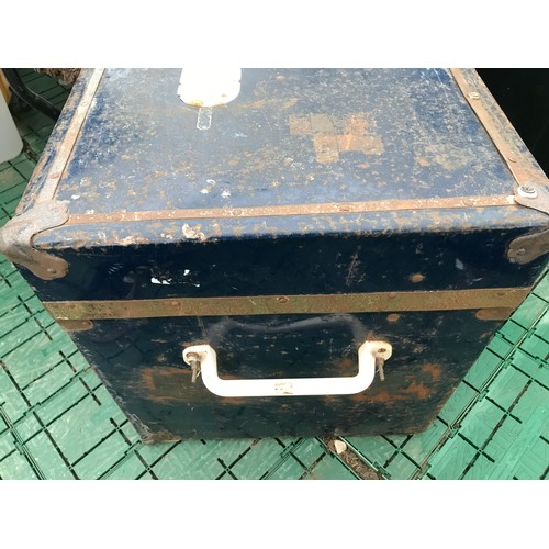 634 - A large blue metal travel trunk. 92cm w x 43cms d x 46cms h.