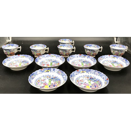 128 - A 19thC part tea service comprising 6 cups, 6 saucers.