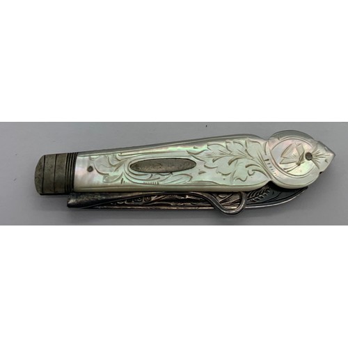 521 - A mother of pearl and silver fruit knife/ button hook in suede pouch Sheffield 1900/1901 maker C.W. ... 