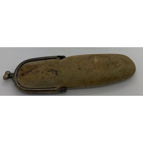 521 - A mother of pearl and silver fruit knife/ button hook in suede pouch Sheffield 1900/1901 maker C.W. ... 